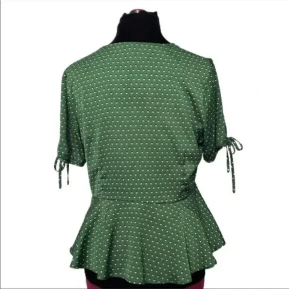 Who What Wear Sz M Shadow Green Polka Dot Tie Sleeve Button Peplum Womens Blouse - Picture 4 of 7